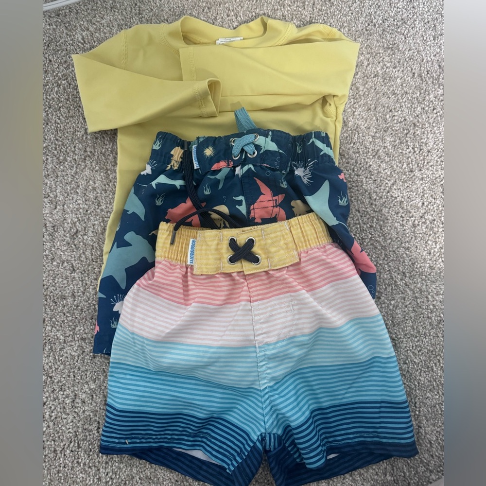 6-12m RUGGEDBUTTS swim bundle, long sleeve rashguard + 2 swim trunks.